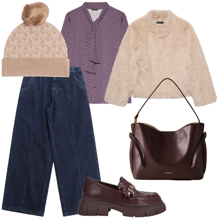 Outfit donna - Fredde giornate. per Tutti i giorni. Abbinamento con mocassini, cappelli, jeans, borse a mano, camicie, ecopellicce.
