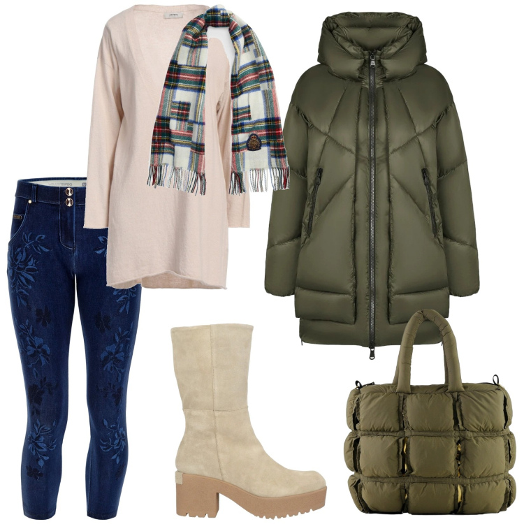 Outfit donna - Freddo in Trentino. per Tutti i giorni. Abbinamento con sciarpe, stivaletti, pullovers, jeans skinny, borse a mano, piumini.