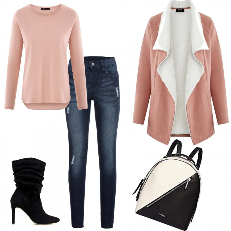 Outfit donna - Rose. Stile Trendy per Tutti i giorni. Abbinamento con jeans strappati, maglione a giromanica aderente rosa, cardigan, zaino con zip avorio, stivali con tacco spillo a punta.