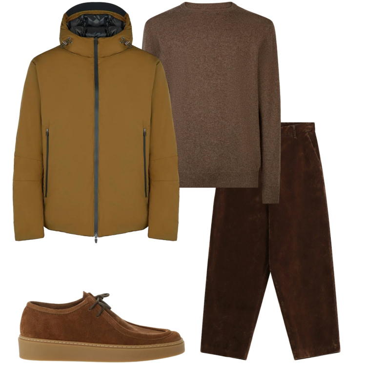 Outfit uomo - Mocha mousse. Stile Urban per Tutti i giorni. Abbinamento con pantaloni, scarpe stringate, eskimo, maglieria.