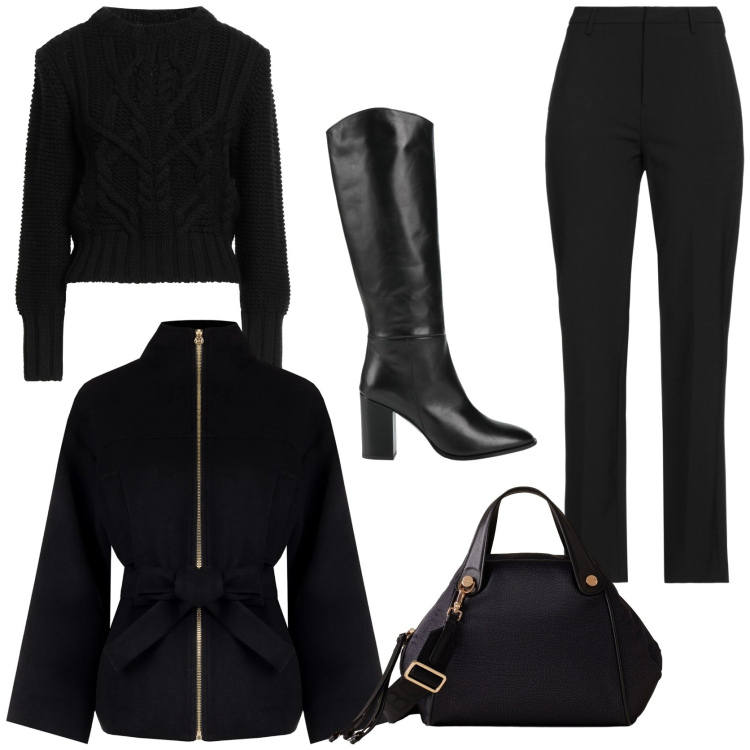 Outfit donna - Festive outfit. Stile Chic per Tutti i giorni. Abbinamento con pantaloni, pullovers, stivali, caban, borse a mano.