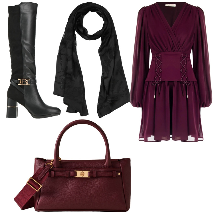 Outfit donna - Festa di Natale in ufficio. Stile Chic per Ufficio. Abbinamento con stivali, sciarpe, vestiti a tubino, borse a mano.