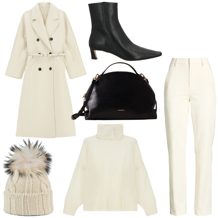 Outfit donna - Festive outfit. Stile Glamour per Tutti i giorni. Abbinamento con pantaloni, stivaletti, cappotti, maglieria, borse a mano, berretti.