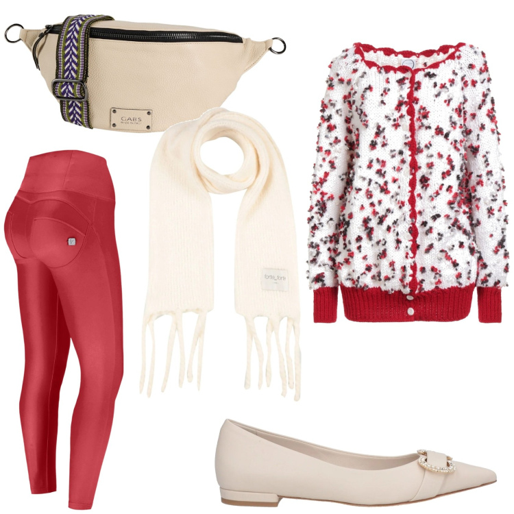 Outfit donna - Rosso e beige. Stile Casual per Tutti i giorni. Abbinamento con ballerine, cardigans, marsupi, sciarpe, pantaloni skinny.