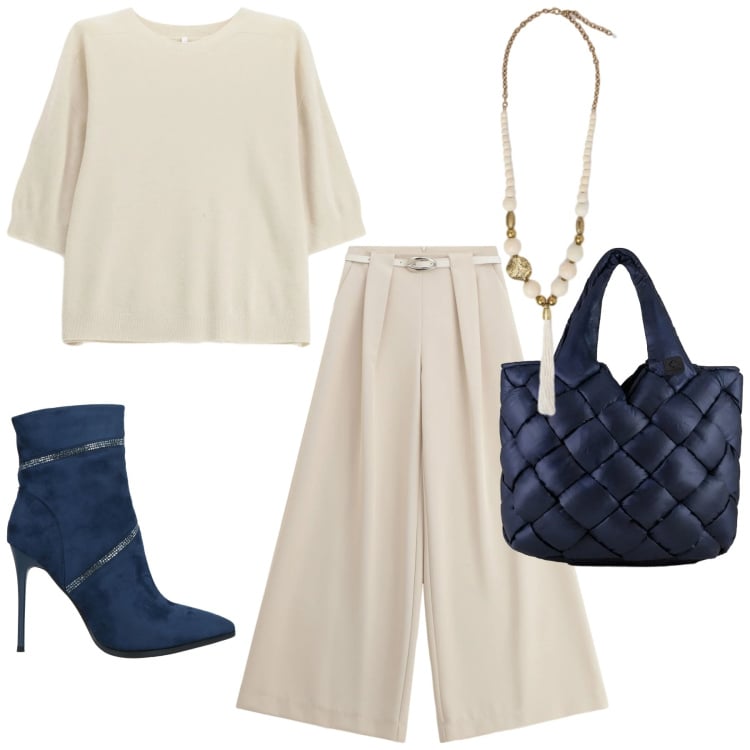 Outfit donna - Bianca come la neve. Stile Glamour per Serata fuori. Abbinamento con stivaletti, maglieria, pantaloni a palazzo, borse tote, ciondoli.