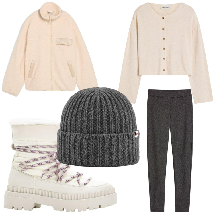 Outfit donna - Dicembre al parco. Stile Basic per Tutti i giorni. Abbinamento con cardigans, caban, stivali da neve, jeggings, berretti.