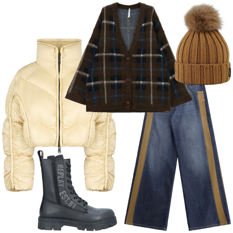 Outfit donna - Total look #2305644. Stile Urban per Tutti i giorni. Abbinamento con anfibi, jeans a zampa, cardigans, berretti, piumini.