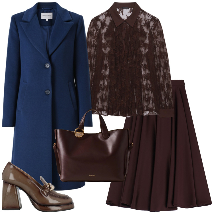 Outfit donna - Total look #2305645. Stile Glamour per Serata fuori. Abbinamento con mocassini, cappotti, gonne longuette, shopping bag, camicie.