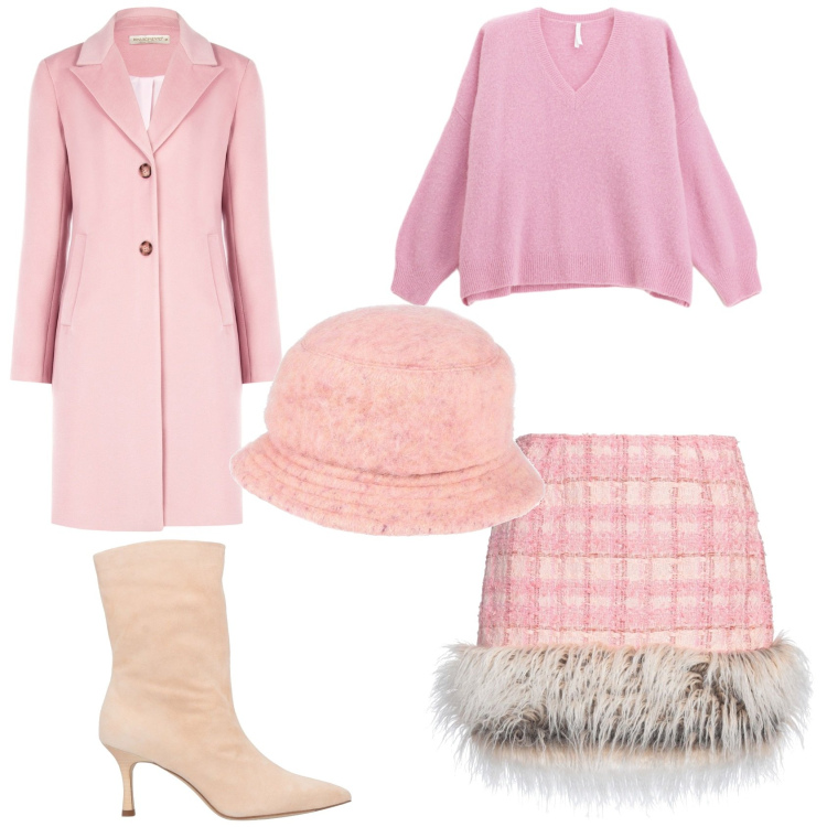 Outfit donna - Natale rosa confetto. Stile Romantica per Tutti i giorni. Abbinamento con stivaletti, minigonne, cappelli con visiera, cappotti, maglieria.