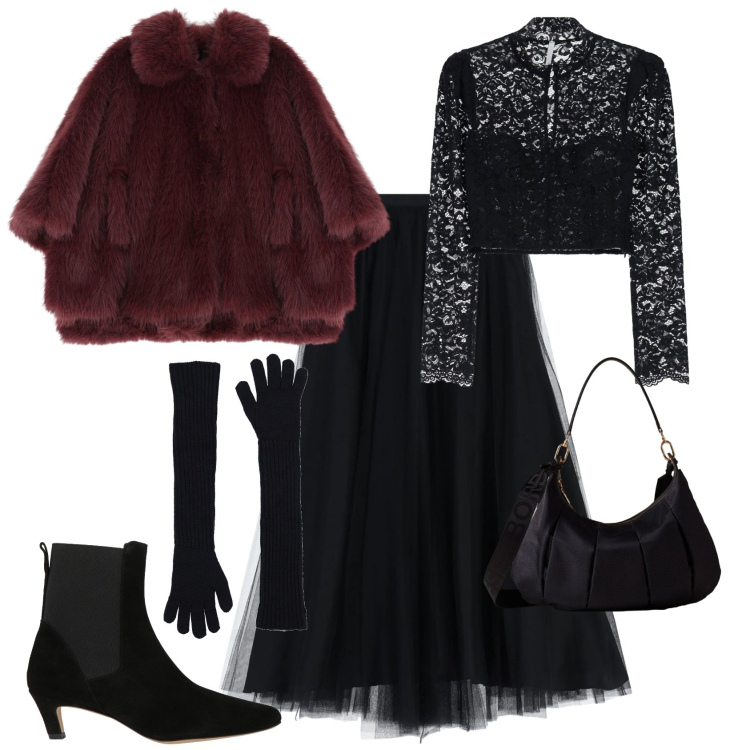 Outfit donna - Bon ton festività. Stile Bon Ton per Serata fuori. Abbinamento con guanti, stivaletti chelsea, blazer, gonne lunghe, bluse, borse a spalla.