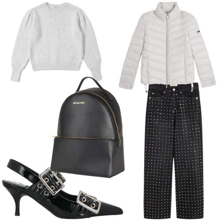 Outfit donna - Il jeans con i glitter. Stile Rock per Serata fuori. Abbinamento con jeans dritti, zaini, décolleté, maglieria, piumini.