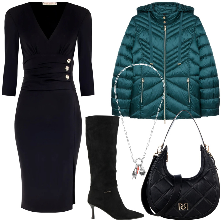 Outfit donna - Il potere del punto vita. Stile Chic per Serata fuori. Abbinamento con stivali, borse a tracolla, vestiti a tubino, ciondoli, piumini.