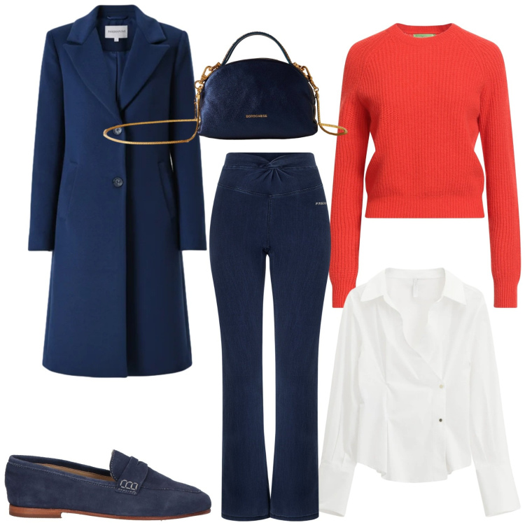 Outfit donna - Festive outfit. Stile Casual chic per Tutti i giorni. Abbinamento con pullovers, mocassini, cappotti, camicie, borse a mano, jeggings.