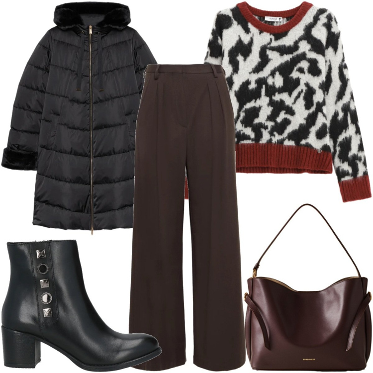 Outfit donna - Total look #2305661. Stile Casual per Tutti i giorni. Abbinamento con pantaloni, stivaletti, pullovers, borse a mano, piumini.