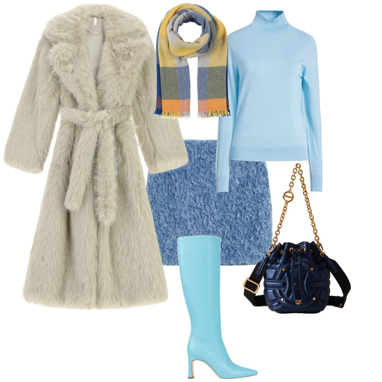 Outfit donna - Casual chic azzurro bianco. Stile Casual chic per Tutti i giorni. Abbinamento con stivali, minigonne, maglieria, sciarpe, cappotti, borse a secchiello.