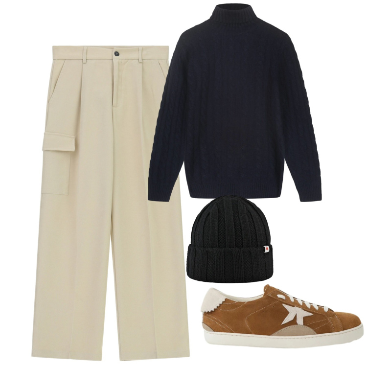 Outfit uomo - Comfort. Stile Casual per Tutti i giorni. Abbinamento con pantaloni cargo, sneakers, cappelli, maglieria.