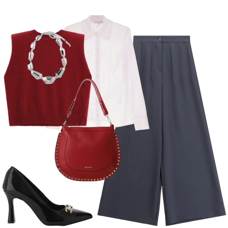 Outfit donna - Dicembre. Stile Urban per Tutti i giorni. Abbinamento con camicie, pantaloni a palazzo, décolleté, borse a spalla, maglieria, ciondoli.