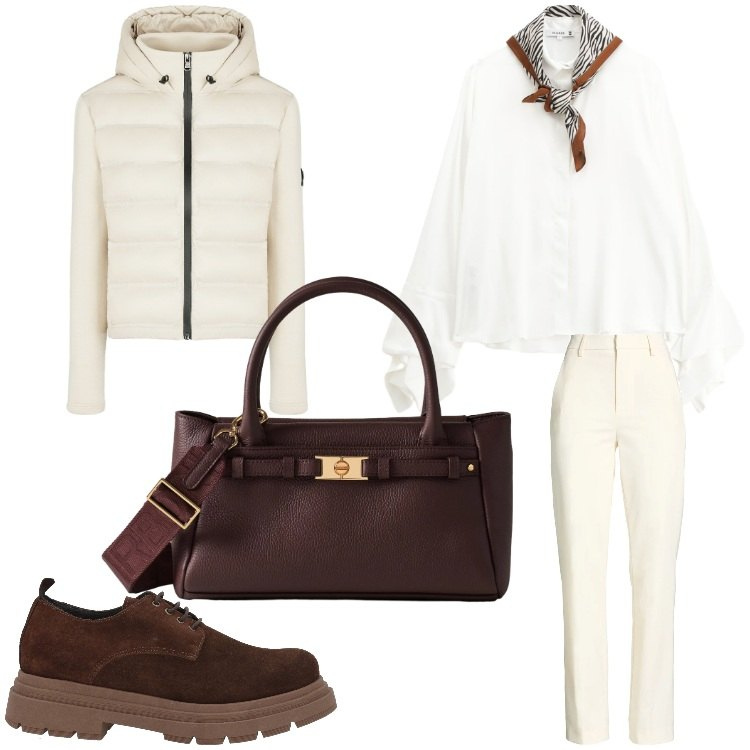 Outfit donna - Bianco da ufficio. Stile Casual chic per Ufficio. Abbinamento con scarpe stringate, pantaloni, camicie, borse a mano, piumini.