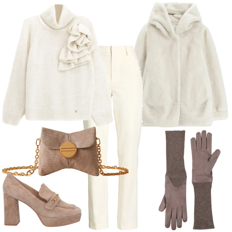 Outfit donna - Soffice bianco. Stile Minimal per Serata fuori. Abbinamento con mocassini, pantaloni, guanti, maglieria, ecopellicce, borse a tracolla.