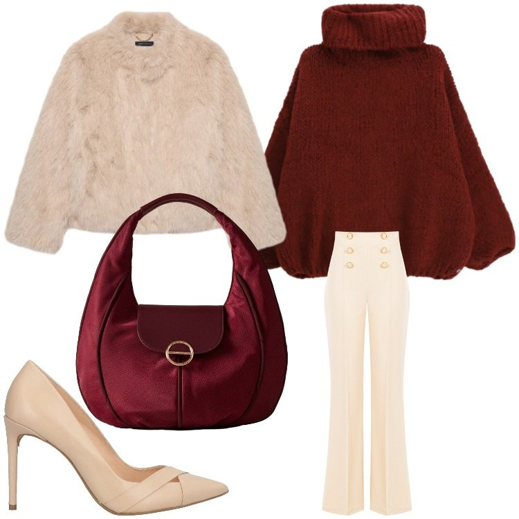 Outfit donna - Che chic. Stile Chic per Serata fuori. Abbinamento con décolleté, maglieria, pantaloni, borse a spalla, ecopellicce.