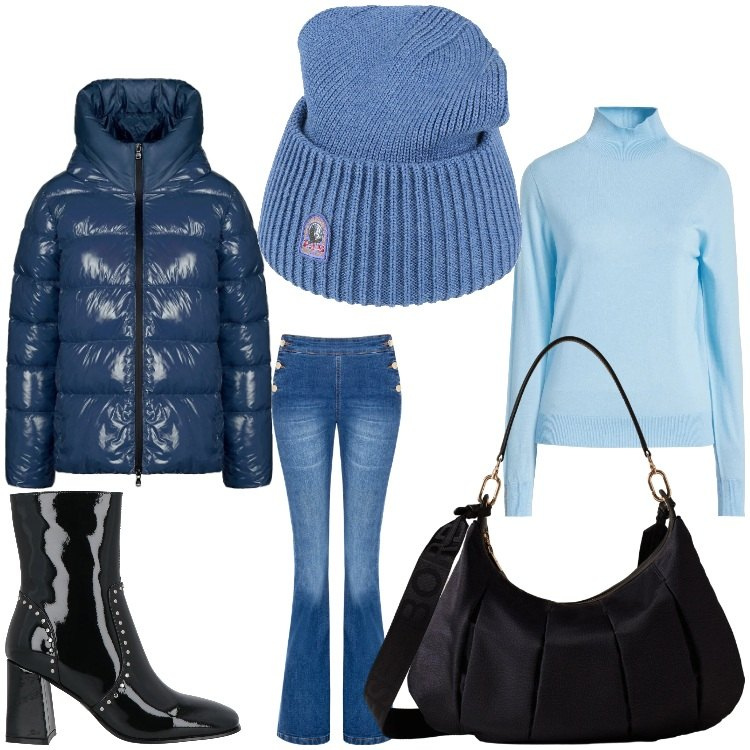 Outfit donna - Celestiale. Stile Casual per Tutti i giorni. Abbinamento con stivaletti, maglieria, cappelli, jeans a zampa, borse a spalla, piumini.