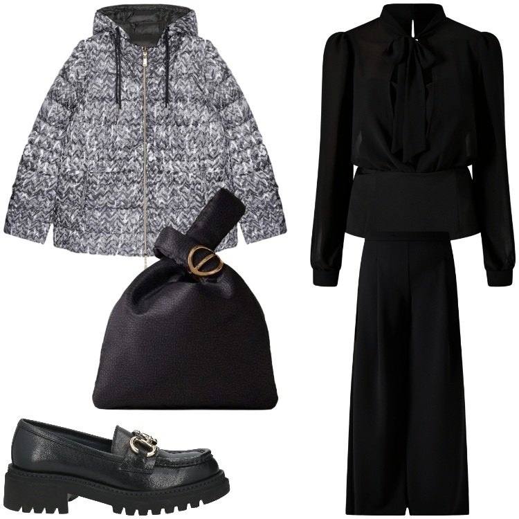 Outfit donna - Oro e argento. Stile Chic per Serata fuori. Abbinamento con mocassini, pantaloni a palazzo, bluse, borse a mano, piumini.