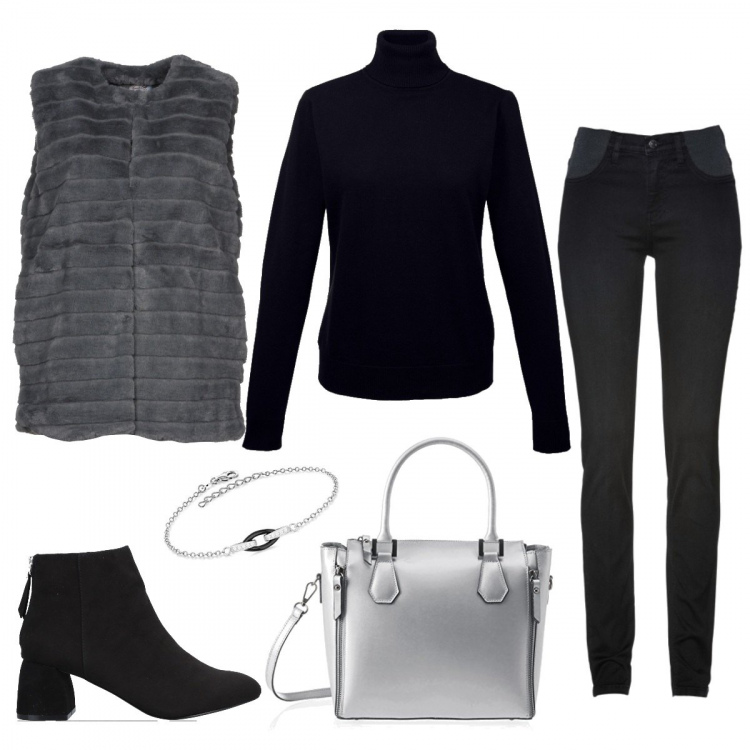Outfit donna - Basic ma non troppo. Stile Basic per Tutti i giorni. Abbinamento con jeans skinny, maglieria, ecopelliccia, stivaletti con tacco squadrato e zip a punta tinta unita, borse a spalla, bracciale in sterling 925 ipoallergenico argento e nero e bianco.