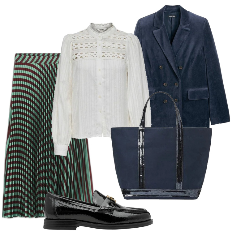 Outfit mujer - Bon ton look. Estilo Bon Ton para Todos los días. Combinación con bolso tote, faldas largas, blusas, mocasines, blazers.