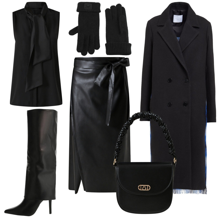 Outfit donna - Total Black. Stile Bon Ton per Serata fuori. Abbinamento con cappotti, top, borse a mano, gonne longuette, stivali, guanti.