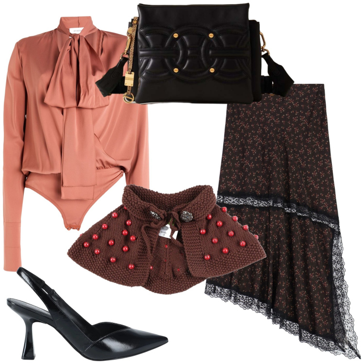 Outfit donna - Che look stasera. Stile Trendy per Serata fuori. Abbinamento con décolleté, body, sciarpe, gonne lunghe, borse a tracolla.