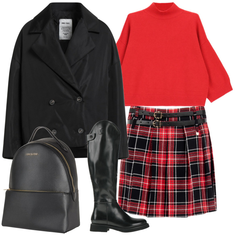 Outfit donna - Prima delle feste. Stile Preppy per Scuola/Università. Abbinamento con zaini, stivali, caban, minigonne, maglieria.