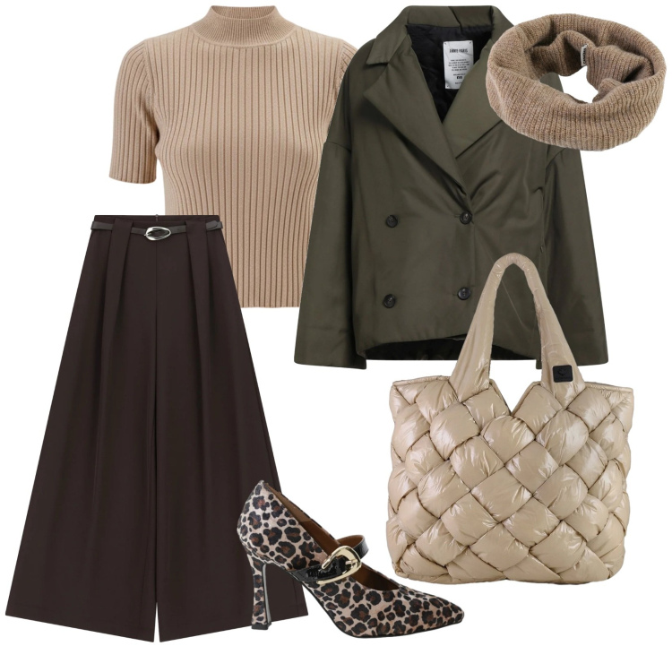 Outfit donna - Con la mia amica. per Tutti i giorni. Abbinamento con caban, pullovers, pantaloni a palazzo, décolleté, borse tote, scaldacollo.