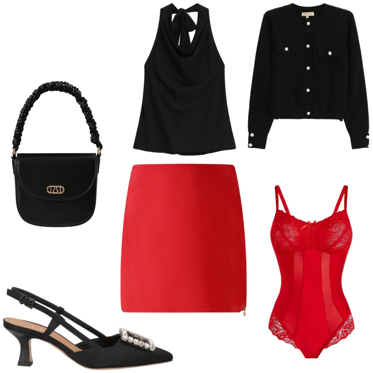 Outfit donna - Feste serate Natalizie. Stile Glamour per Serata fuori. Abbinamento con body, décolleté, cardigans, top, gonne, borse a mano.