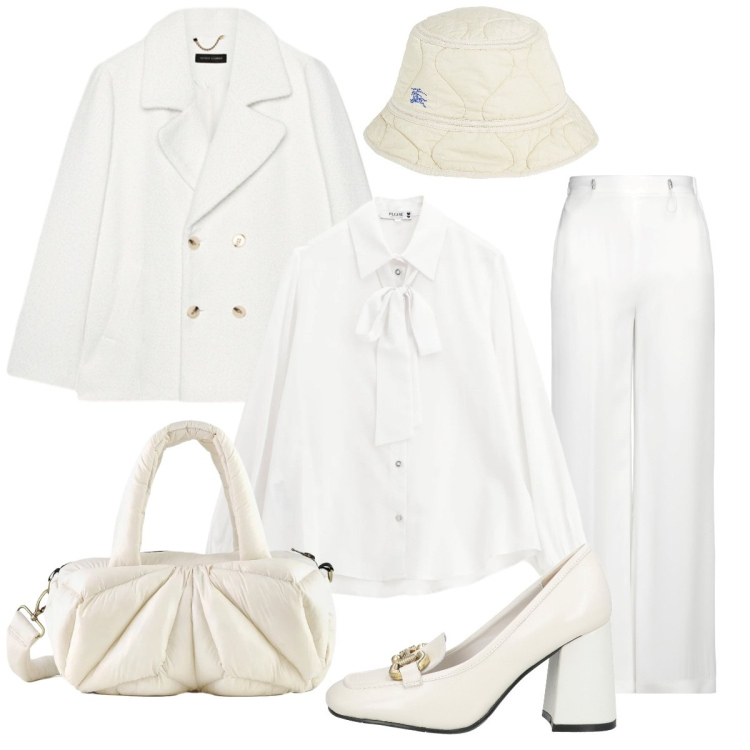 Outfit donna - Bianco in ufficio. Stile Chic per Ufficio. Abbinamento con pantaloni, mocassini, cappelli, camicie, borse a mano, caban.