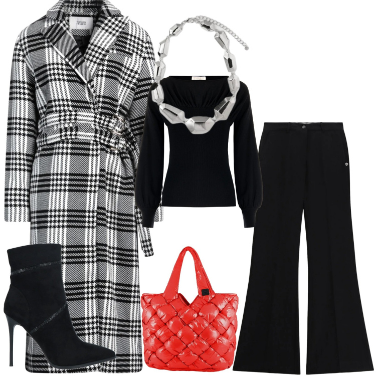 Outfit donna - Il cappotto principe di galles. Stile Chic per Serata fuori. Abbinamento con cappotti, stivaletti, pantaloni, maglieria, borse tote, ciondoli.