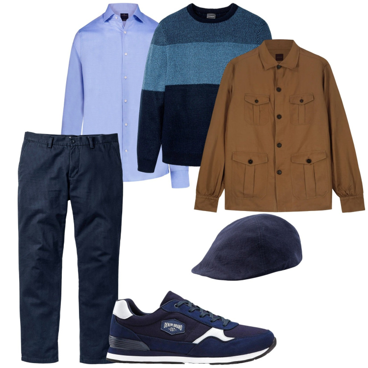 Outfit uomo - Un cappello diverso. per Ufficio. Abbinamento con pantaloni chino, sneakers, maglieria, camicie, cappotti, cappelli con visiera.