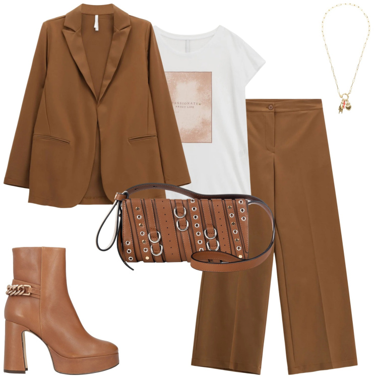 Outfit donna - City. Stile Urban per Tutti i giorni. Abbinamento con stivaletti, borse a spalla, blazer, t-shirt, pantaloni a palazzo, ciondoli.