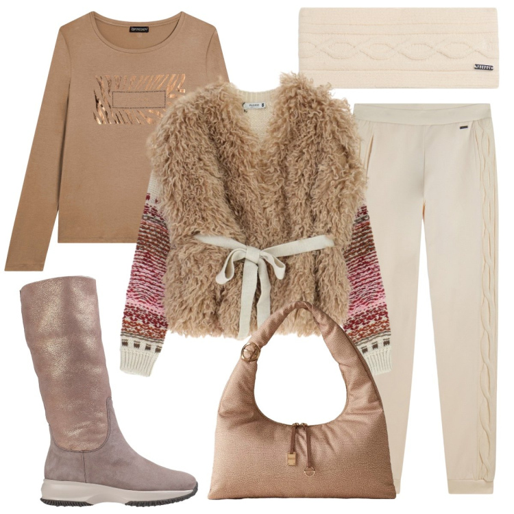 Outfit donna - Freddo dicembre non ti temo. Stile Sporty chic per Tutti i giorni. Abbinamento con stivali da neve, maglieria, borse a mano, t-shirt, pantaloni, accessori per capelli.