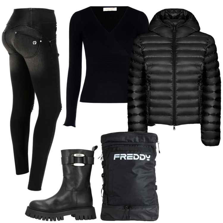 Outfit donna - Casual Rock. Stile Rock per Tutti i giorni. Abbinamento con stivaletti, pullovers, jeans strappati, zaini, bomber.