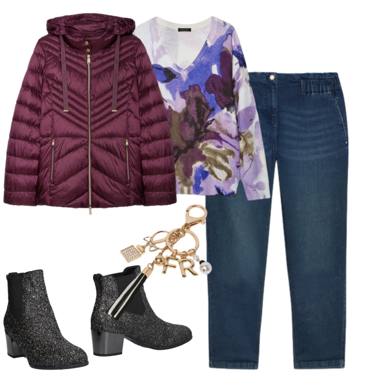 Outfit donna - City. Stile Casual chic per Tutti i giorni. Abbinamento con stivaletti chelsea, jeans, piumini, maglieria, portachiavi.