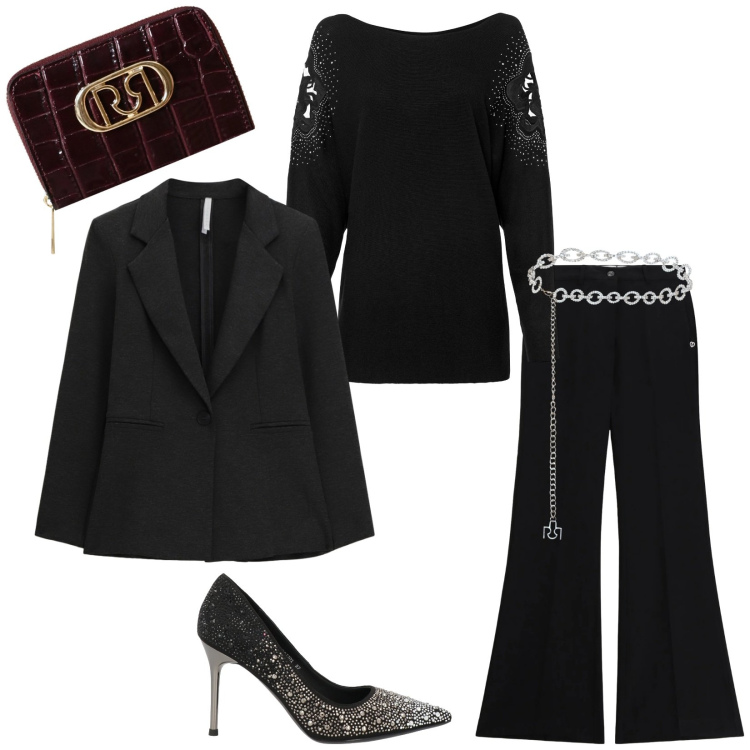Outfit donna - Feste serate. Stile Glamour per Serata fuori. Abbinamento con maglieria, décolleté, pantaloni, cinture, portafogli, blazer.