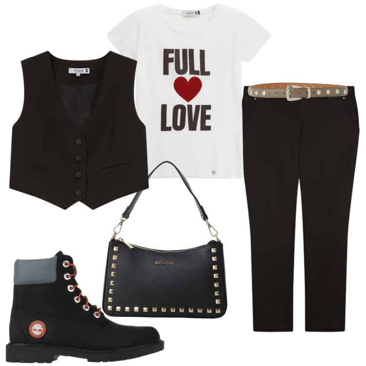 Outfit donna - Total look #2305759. Stile Trendy per Tutti i giorni. Abbinamento con stivaletti, t-shirt, gilet, cinture, pochette, pantaloni.