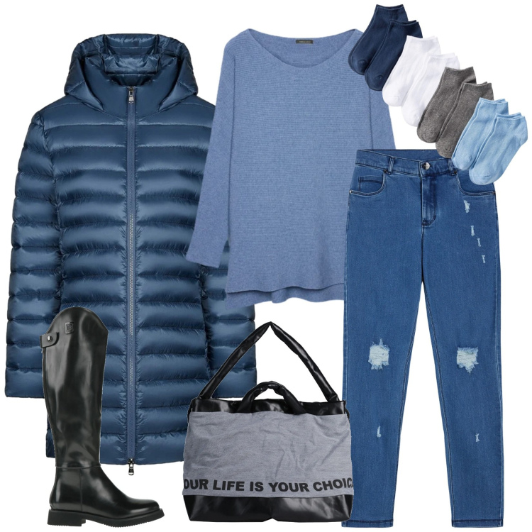 Outfit donna - Al lavoro. Stile Casual chic per Tutti i giorni. Abbinamento con calzini, stivali, zaini, jeans skinny, piumini, maglieria.