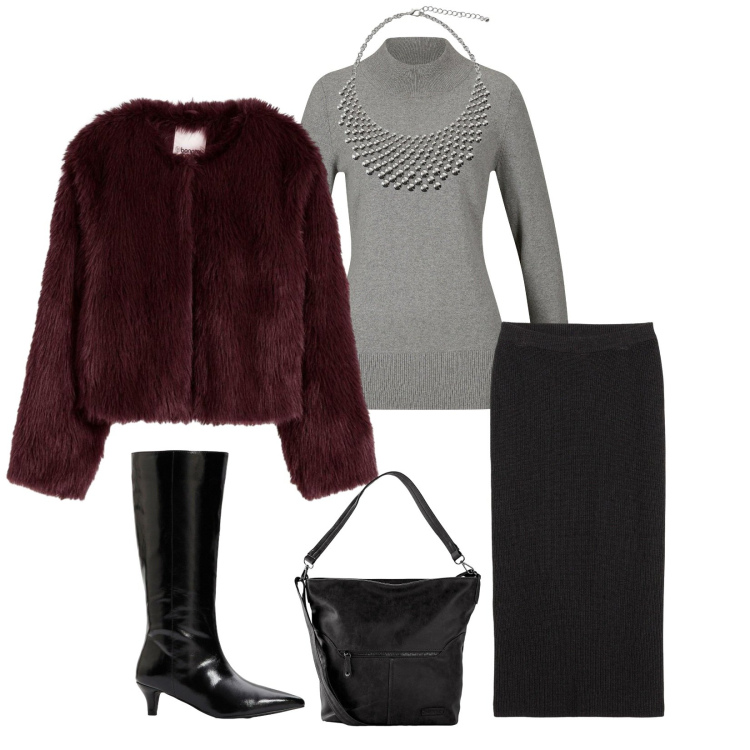 Outfit donna - Total look #2305769. Stile Casual chic per Serata fuori. Abbinamento con ecopellicce, borse a spalla, maglieria, gonne, stivali, collane.