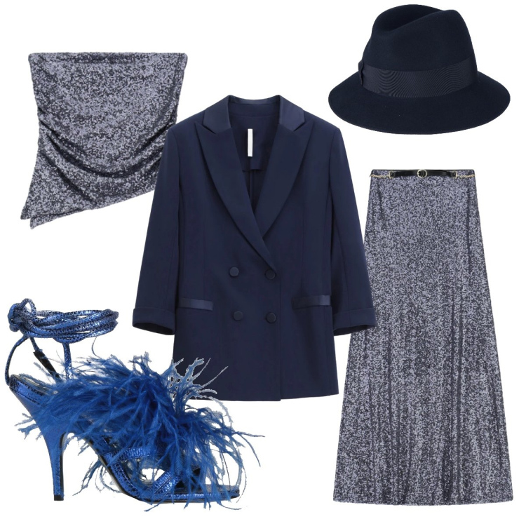 Outfit donna - Cena aziendale in blu. Stile Chic per Serata fuori. Abbinamento con sandali in pelle, cappelli, blazer, top, gonne lunghe.