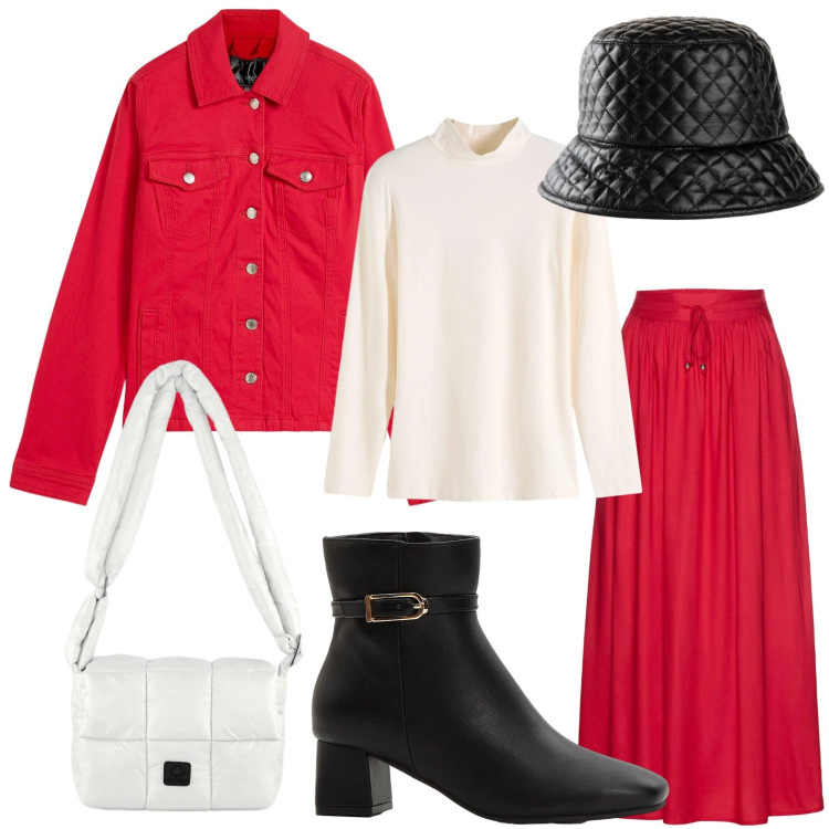 Outfit donna - Look per le feste. Stile Chic per Serata fuori. Abbinamento con blazer, cappelli con visiera, gonne lunghe, stivaletti, maglieria, borse a spalla.