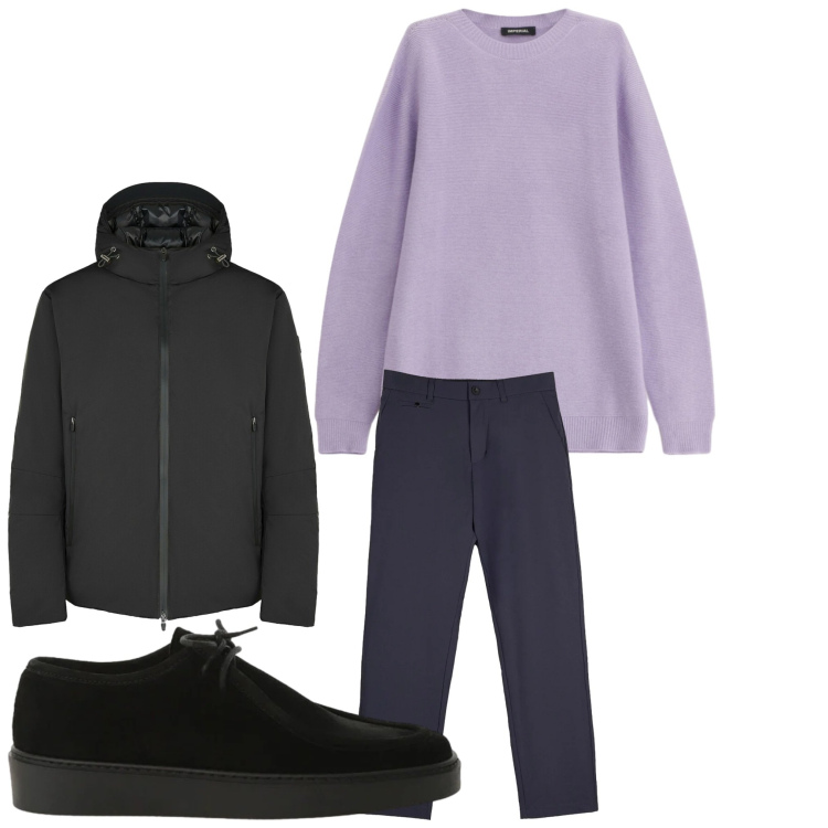 Outfit uomo - In inverno. Stile Casual per Tutti i giorni. Abbinamento con maglieria, scarpe stringate, pantaloni chino, eskimo.