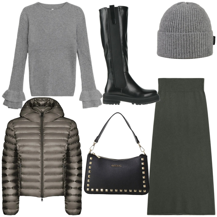 Outfit donna - Workwear. Stile Casual chic per Ufficio. Abbinamento con stivali, gonne lunghe, maglieria, pochette, bomber, berretti.