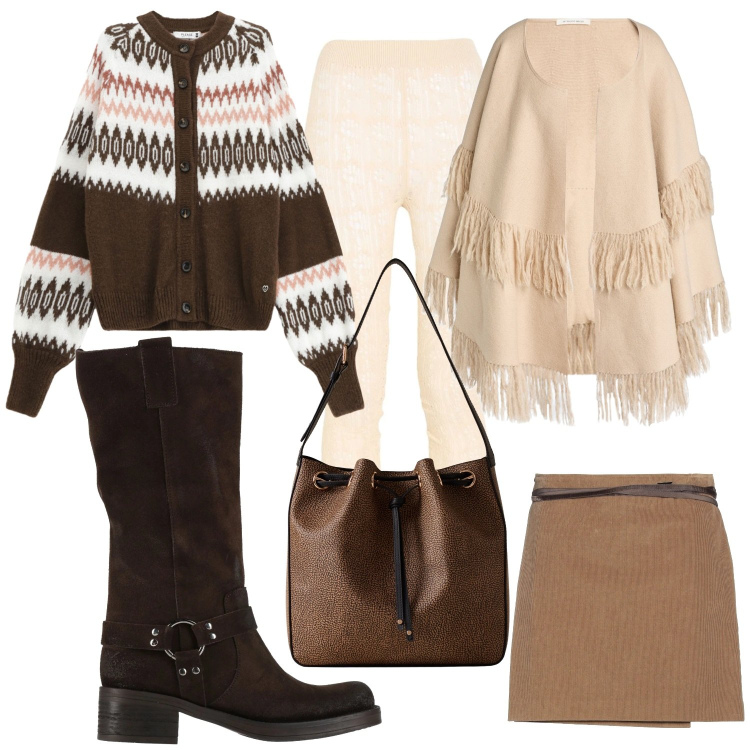 Outfit donna - Mountain style. Stile Casual chic per Tutti i giorni. Abbinamento con minigonne, stivali, leggings, cappe, cardigans, borse a secchiello.