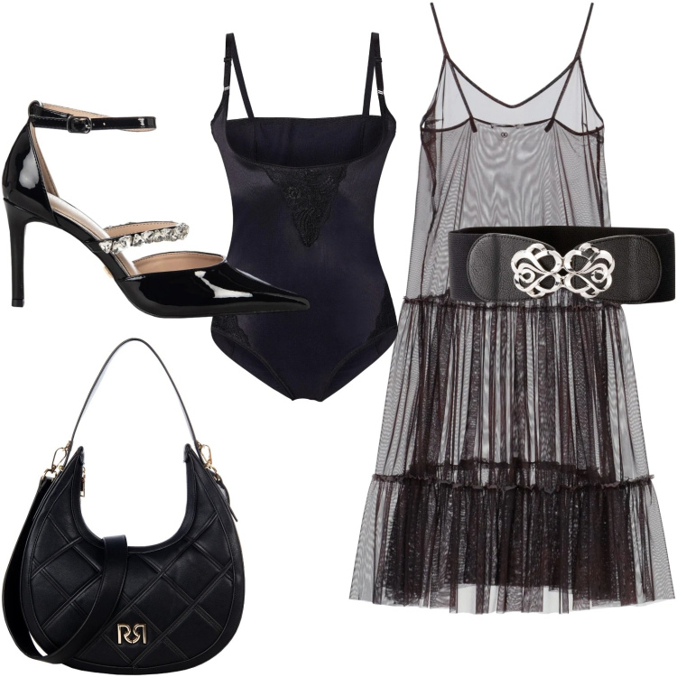Outfit donna - Vestito sheer. Stile Sexy per Serata fuori. Abbinamento con body, cinture, vestiti lunghi, borse a tracolla, décolleté.